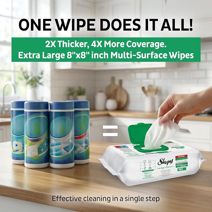 Sleepy Easy Clean XL Multi Surface Cleaning Wipes (600 Count) – Natural Vinegar & Baking Soda Formula – Jumbo 8"x8" All Purpose Wet Wipes for Kitchen, Bathroom, Glass & Electronics – No Streak