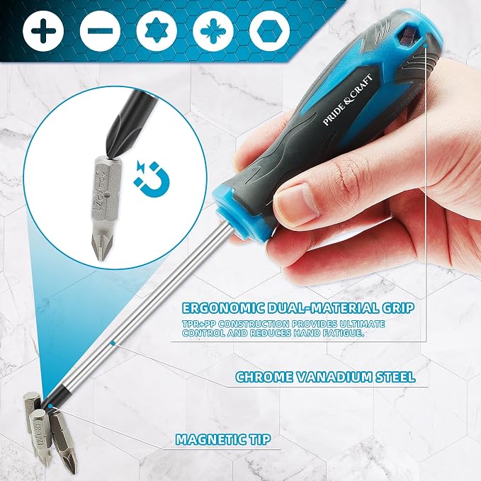 PRIDE&CRAFT Magnetic Screwdriver Set 71-Piece,Chrome-Vanadium Steel, Includes Slotted/Phillips/Torx Mini Precision Screwdriver, Replaceable Screwdriver Bits,Magnetizer Tool Kit for Repair Craft