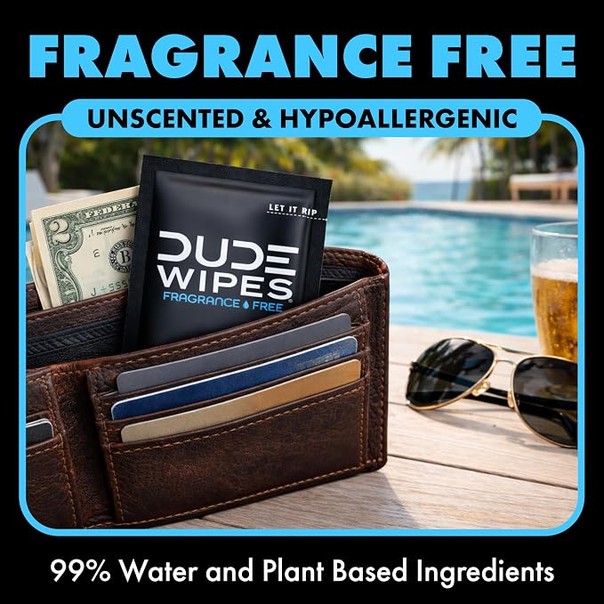 DUDE Wipes On-The-Go Unscented Travel Wipes - 2 Pack, 60 Count (Individually Wrapped) - Extra-Large Adult Flushable Wipes for Sensitive Skin - Infused with Vitamin E & Aloe - Septic and Sewer Safe