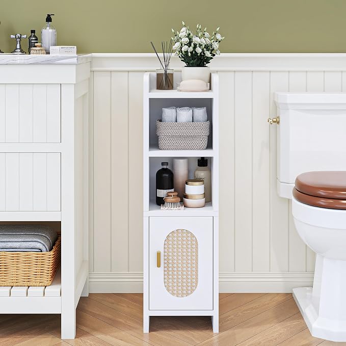 Small Bathroom Storage Cabinet, Narrow and Slim Storage Cabinet with Rattan Door and Adjustable Shelves, Corner Floor Bathroom Organizers and Storage for Small Space, White HSC001W
