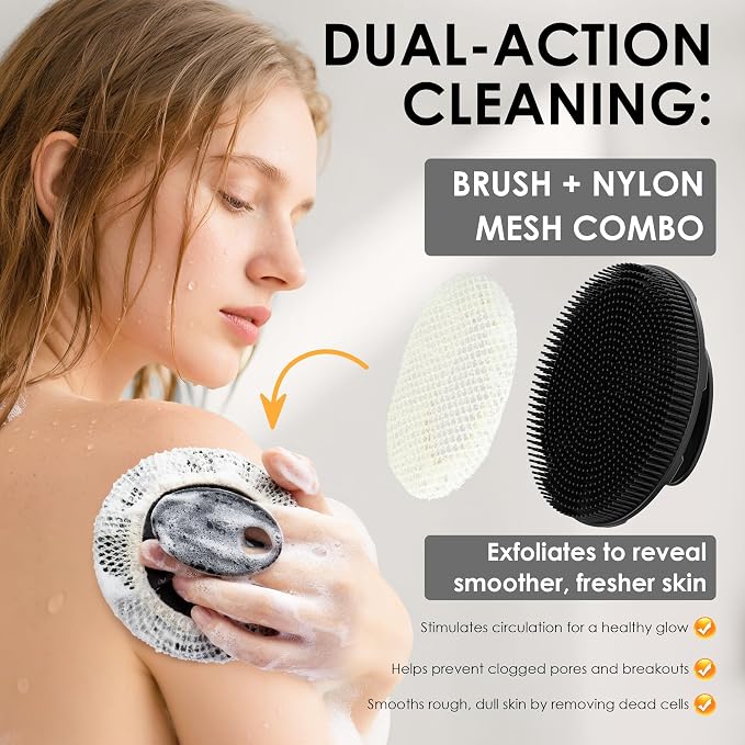 INNERNEED Food-Grade Soft Silicone Body Scrubber Shower Brush Handheld Cleansing Skin Brush, with Exfoliating Net Sponge Case (Black Brush)
