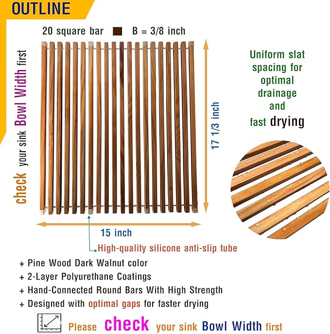 Roll Up Wooden Drying Rack Over The Sink Kitchen, Cover Sink Dry Dishes Bowl Spoon Quickly, Aesthetics and Finishes Coating, Neat Design Stain-Resistant Easy to Dry (Natural Wood color)