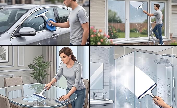 2 Pack Shower Squeegee for Glass Doors – 9.5” Silicone Blade Window Cleaner Tool (Blue & Green) – Bathroom, Car Windshield, Mirror & Tile Cleaning Wiper with Hook – Lightweight Ergonomic Handle