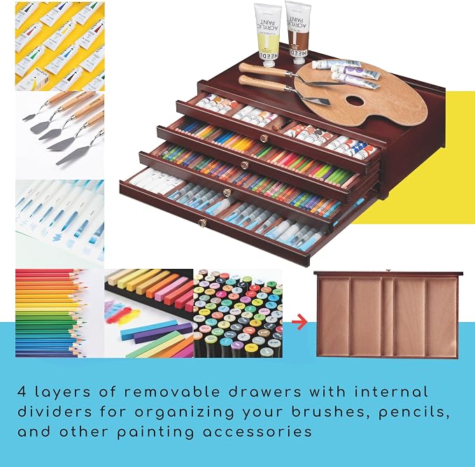 MEEDEN 4-Drawer Wood Artist Supply Storage Box, Portable Beechwood Multifunctional Pencil Brush Organizer Wood Box with Drawer&Compartments for Pastels, Pencils, Pens, Makeup Brushes(Deep Walnut)