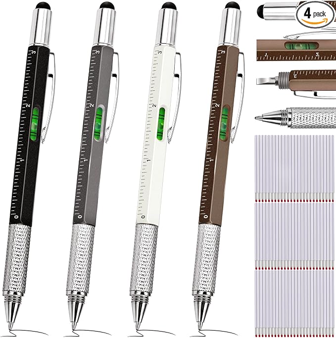 Zhanmai 4 Pcs 6 in 1 Multitool Pen Gift for Men Multi Tool Pen with Ruler Level Screwdriver Stylus Cool 10 Ink Refill Tool Gadget Birthday Christmas Stocking Stuffers (Black, Gray, Brown, White)