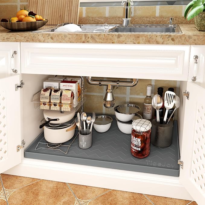 TigeJoy Waterproof Under Sink Mat 31" x 22", Shelf Liner Protector in Kitchen and Bathroom, Silicone Cabinet Liners for Organizers and Storage, Fit as Drawer Mats or Drip Tray