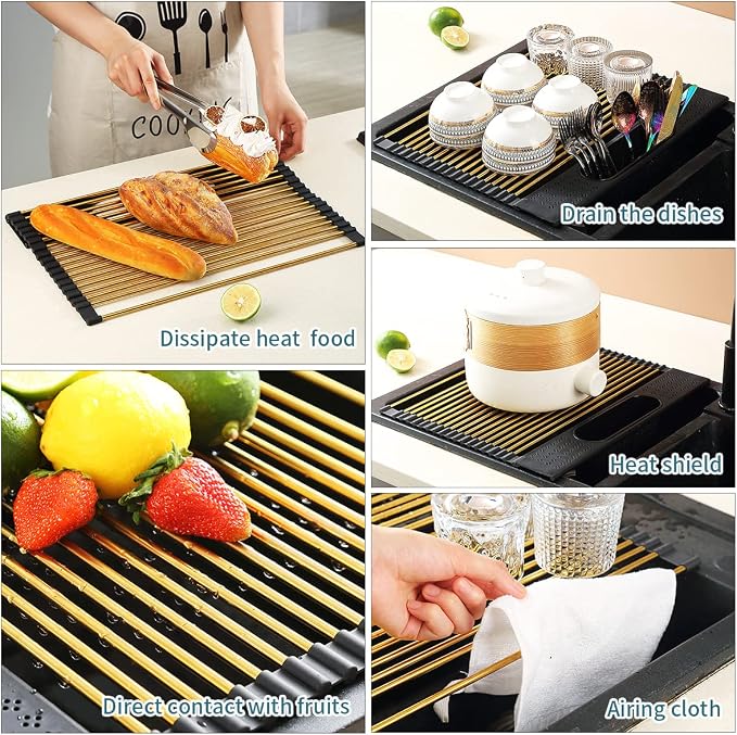 Berglander Gold Dish Drying Rack Over The Sink, L17.5*W 15" Rollable Tianium Golden Plating Stainless Steel Dish Rack with Removable Storage Basket, Perfect for Kitchen Sink