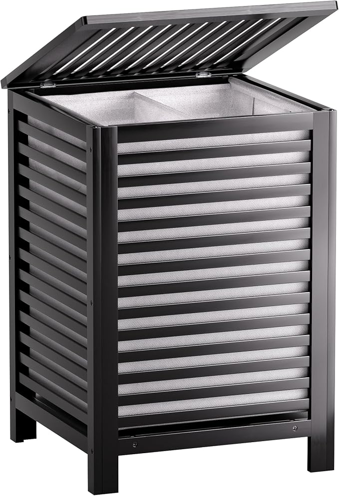 SMIBUY Double Laundry Hamper with Lid, 120L Bamboo Laundry Basket with Removable Liner Bag, 2-Section Clothes Divider Laundry Sorter for Laundry Room, Bathroom, Bedroom (Black)