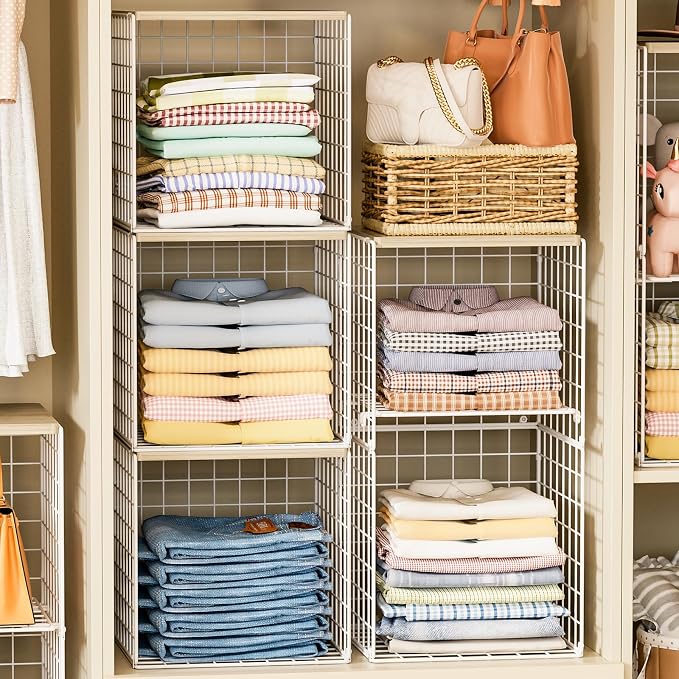Hencawima 5PCS Stackable Closet Organizers and Storage, Closet Shelves with Wood Top Extra Storage, Clothes Storage Organizer Basket Bin/Cube for Home Wardrobe Organization(White-Sturdy Metal)