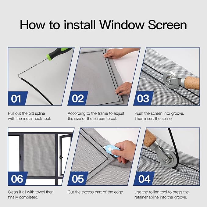 Window Screen Door Repair Kit Include Window Screens Mesh 48"x118" with All Tools in Window Screen Replacement(2pcs Screen Rollers, Screen splines, Hook, Utility Knife and Ruler), Yolovit