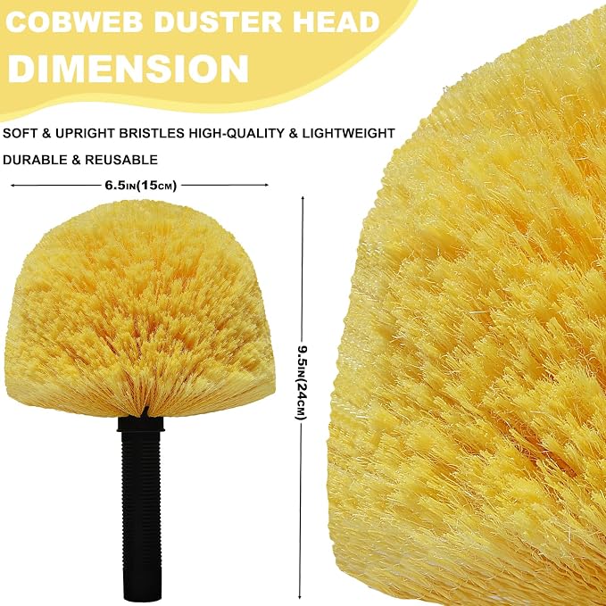 Yellow Twist-On Cobweb Duster Head Brush - Efficient Indoor & Outdoor Spider Web Cleaning Solution - Fits Standard Acme Threaded Poles - Duster Brush Head Only - 1 Pack