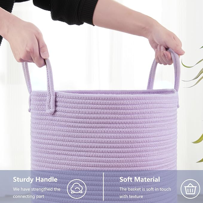 80L Large Purple Hamper Laundry Basket for Girls Kids Lavender | Tall Woven Blanket Basket for Nursery Cotton Rope Lilac Clothes Hamper in Bedroom 16Dx22H inches