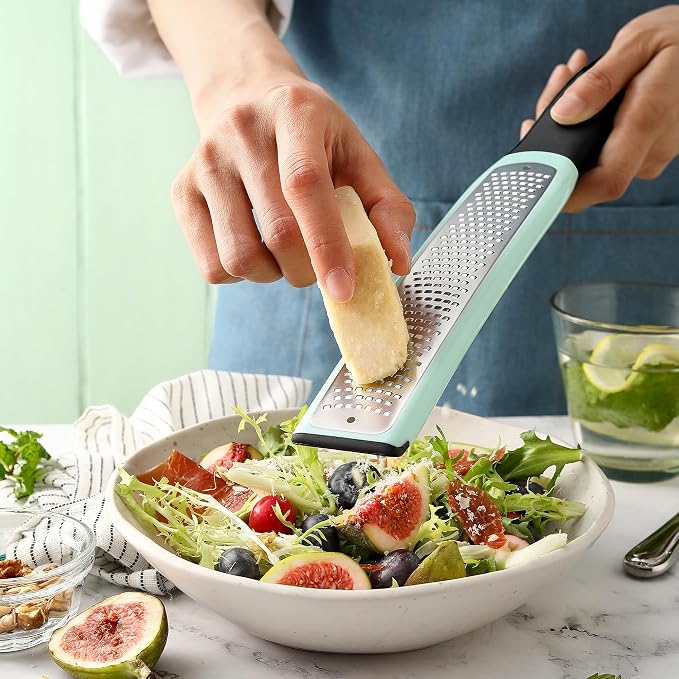 Spring Chef Premium Lemon Zester Grater with Handle - Fruit, Lime, Orange, Nutmeg, Garlic Grater - Heavy Duty Kitchen Tool - Stainless Steel Citrus Zester with Blade Cover - Fine Shred - Mint/Black