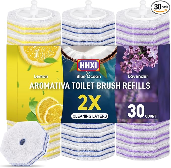 30Ct Aromative Toilet Brush Refills, Toilet Bowl Cleaner Refills, Double-Layer Cleaning Pads Added, Disposable Refill Heads for Toilet Bowl Cleaner Wands，Lemon, Blue Ocean, Lavender （Patented）