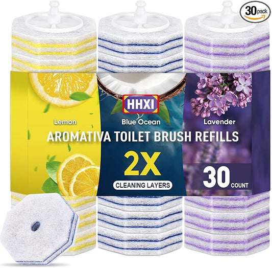 30Ct Aromative Toilet Brush Refills, Toilet Bowl Cleaner Refills, Double-Layer Cleaning Pads Added, Disposable Refill Heads for Toilet Bowl Cleaner Wands，Lemon, Blue Ocean, Lavender （Patented）
