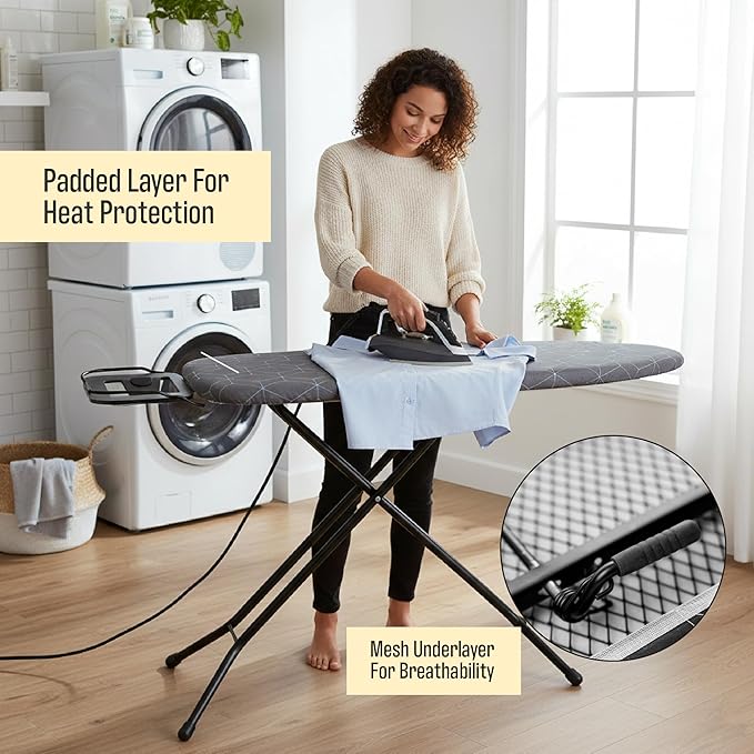 Ironing Board with Iron Rest - 45 x 13 Inch Adjustable Height Steel Mesh Board - Foldable Laundry Room Station with 2-Layer Padded Gray Hexagon Cotton Cover