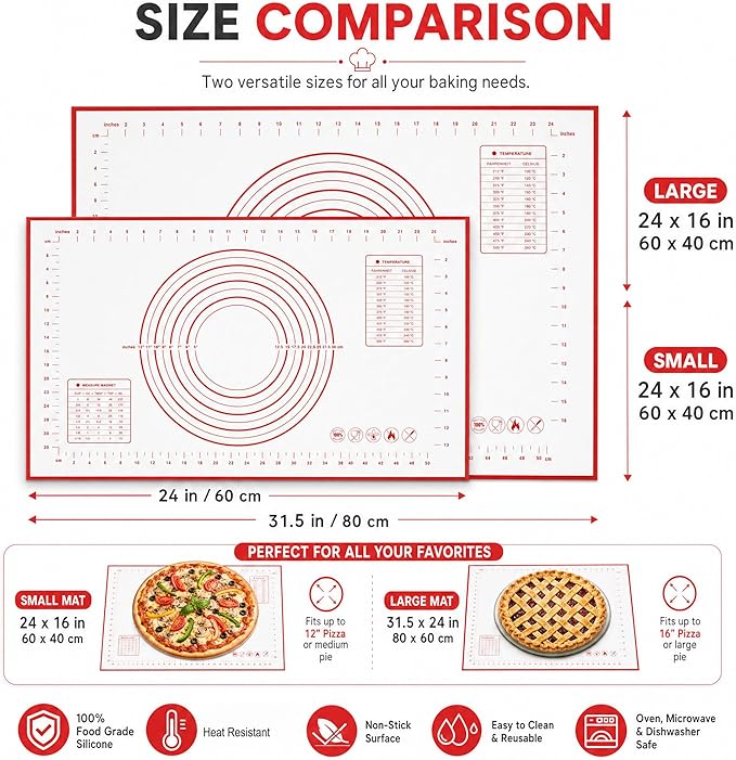 Extra Large Silicone Baking Mat for Rolling Dough (24" x 16") - Non-Stick Pastry Mat with Measurements - Heat Resistant & Non-Slip Kitchen Counter Protector for Fondant, Pie Crust & Pizza