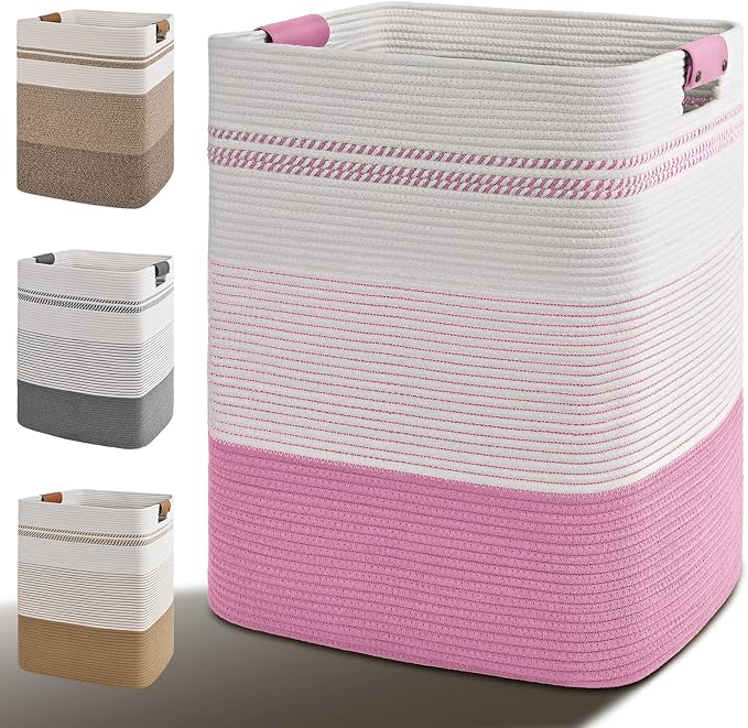 Laundry Hamper, 85L Tall Laundry Basket with Leather Handles, Rectangle Large Clothes Hamper for Organizing, Cotton Woven Laundry Baskets Storage Hampers for Bedroom, Nursery, Living Room