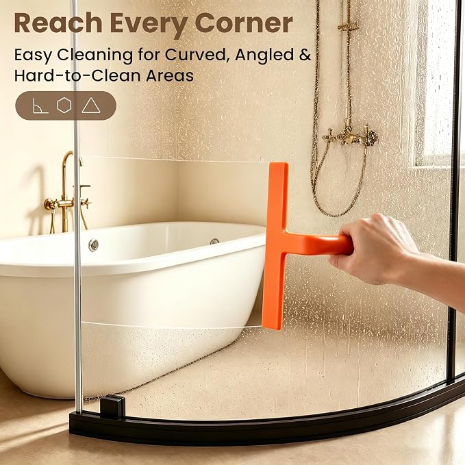 Shower Squeegee for Glass Doors - 10 Inch Bathroom Squeegee with Ergonomic Round Grip, Built-in Hook, Streak-Free No-Squeak Silicone Blade for Shower Glass, Tile Walls, Mirrors & Windows, Orange