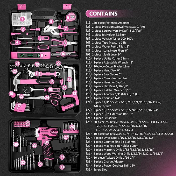 KingTool 276-Piece Tool Set Kit - Tool kit with 12V Cordless Power Drill Driver Toolbox Storage Case with Drawer, Drill Set Perfect for Homeowner, Diyer, Handyman（Pink）