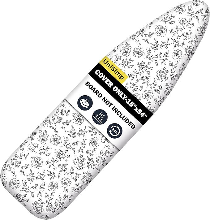 UniSimp Ironing Board Cover and Pad 15"x54" Extra Thick Natural Cotton, Scorch and Stain Resistant Padding, Standard Size Iron Board Cover with Fasteners Heavy Duty Elastic Edge, Heatproof Rose