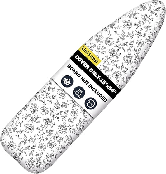UniSimp Ironing Board Cover and Pad 15"x54" Extra Thick Natural Cotton, Scorch and Stain Resistant Padding, Standard Size Iron Board Cover with Fasteners Heavy Duty Elastic Edge, Heatproof Rose