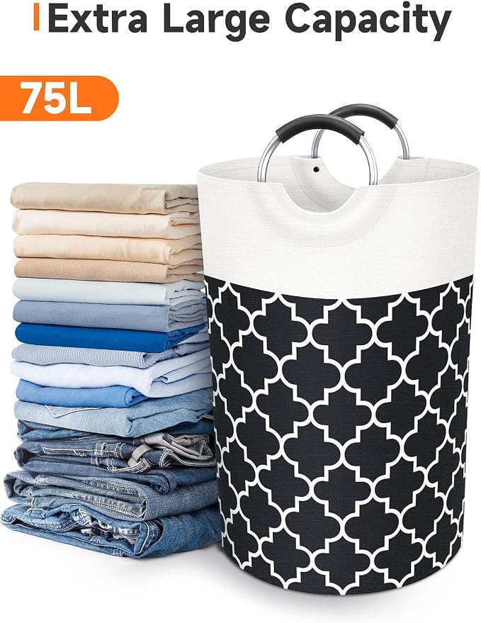 Fabspace Large Laundry Basket Laundry Hamper Bag Washing Bin Clothes Bag Collapsible Tall with Handles Waterproof Travel Bathroom College Essentials Storage for College Dorm, Family (Black) 75L | Freestanding Laundry Hamper, Waterproof Dirty Clothes St...