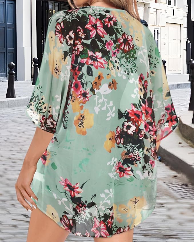 Women Kimono Cardigans Summer Cover Up Hawaiian Shirts Floral Print Tops | ROSEMIA chiffon kimono open front cardigans, beach cover ups, daily casual tops, cruise outfits, summer resort wear