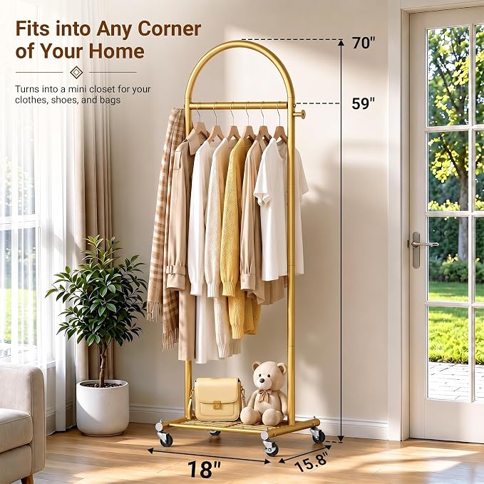 MISSLO 18" Small Clothes Racks for Hanging Clothes Arched Shape Gold Clothing Rack with Wheels 70" Metal Rolling Garment Rack with Shelves for Small Space, Bedroom, Laundry, Gold