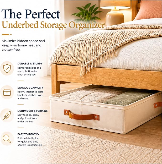 HOMELUX THEORY 2pc Under Bed Storage Containers, Bedroom Under the Bed Drawer Storage Organizer with Bins and Lids, Large Underbed Clothes Storage Box Ideal for Blanket, Fabric, & Shoes (Ivory)