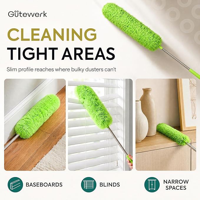 GÜTEWERK Extendable Microfiber Duster, 55 Inch - Feather Dusters for Cleaning Ceiling Fans, Blinds, Baseboards & High Ceilings - Washable, Electrostatic, 360° Bendable Head, Stainless Steel Pole