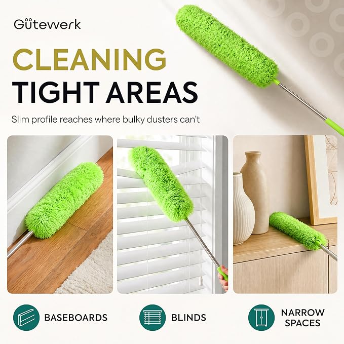 GÜTEWERK Extendable Microfiber Duster, 100 Inch - Feather Dusters for Cleaning Ceiling Fans, Blinds, Baseboards & High Ceilings - Washable, Electrostatic, 360° Bendable Head, Stainless Steel Pole
