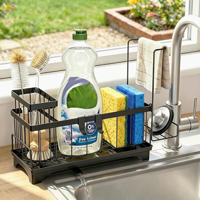 Sponge Holder for Kitchen Sink, Self-Draining Sink Caddy with Detachable Cloth & Dish Brush Rack, Metal Sponge Caddy Organizer for Kitchen Countertop Organizers and Storage Accessories, Black