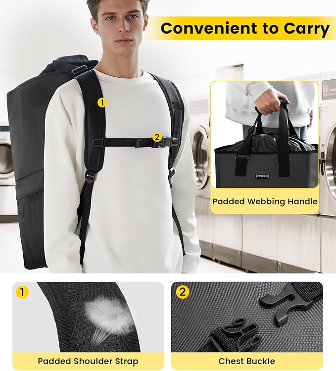 Vorspack Laundry Bag Backpack - 125L Extra Large Laundry Bags with Shoulder Straps Heavy-duty 2 in 1 Laundry Hamper Basket for College Dorm Camp Laundromat Room Essentials - Black
