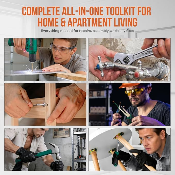 Hi-Spec 8V USB Power Drill Driver and Home Tool Kit with Toolbox Set, Green | Faster holes and Screwdriving, Bit accessories, Compact carry storage, Home setup help, Quick repair and maintenace