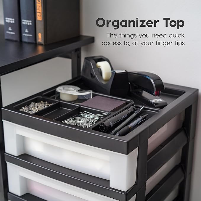 IRIS USA 6-Drawer Rolling Storage Cart with Organizer Top, Black/Pearl | Keep craft supplies, office essentials, classroom items, and accessories organized with easy-access drawers for daily use