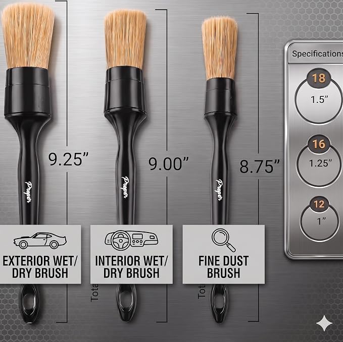 Car Detailing Brush Set, 3 Pack Interior and Exterior Detail Brushes, with Soft Boars Hair Bristles for Auto Interior & Exterior - for Cleaning Leather Seats, Air Vents, Wheels & Emblems
