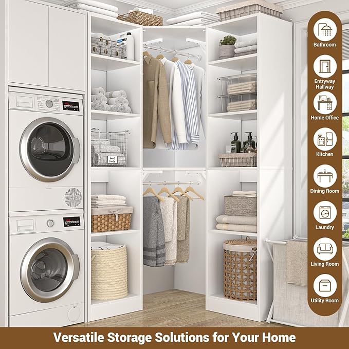 Besiost Corner Closet System with 12 Shelves, 39.2" Corner Closet Organizer System with 2 Hanging Rods, Versatile 6-Tier Walk-in Closets for Corner Space, White (39.2" L x 39.2" W x 80" H)