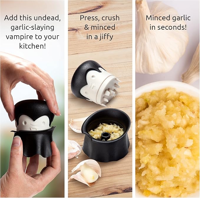 OTOTO Gracula Garlic Crusher, Garlic Mincer, Also for Ginger, Nuts, Chili, Herbs - Twist Top Mincer & Easy Squeeze Manual Press Peeler, Goth Gifts