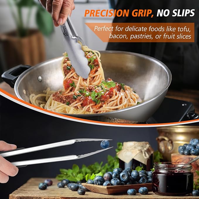 Hotec Stainless Steel Kitchen Tongs, Set of 3-7", 9" and 12", Locking Metal Food Tongs for Cooking, Serving, BBQ, Grill Non-Slip Grip