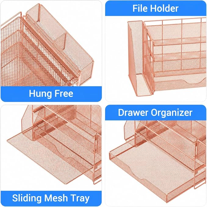 OPNICE Desk Organizer, 4-Tier Desktop File Organizer with Drawer and Pen Holders, Office Desk Accessories, File Sorters, Workspace Organizers for Office Supplies(Rose Gold - Metal Pen Holder)