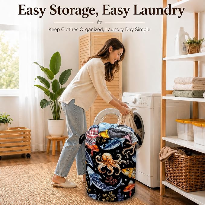 Ocean Fish Octopus Decorative Laundry Hamper, Tall Foldable Oxford Clothes Basket with Handles, Lightweight Dirty Clothes Holder for Bedroom Bathroom Laundry Room
