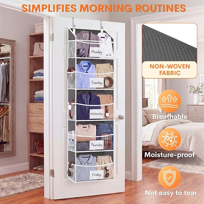 Ofiray-home 2P 5Tiers Over Door Organizer,Weekly Clothes Organizer for Kids | 5 clear PVC front pockets, 10 mesh side pockets, weekly outfit planner, for kids, dorm, entryway, RV, 50 lbs capacity
