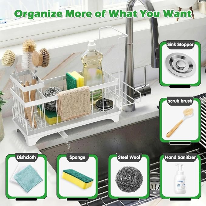 Sponge Holder for Kitchen Sink, Self-Draining Sink Caddy with Detachable Cloth & Dish Brush Rack, Metal Sponge Caddy Organizer for Kitchen Countertop Organizers and Storage Accessories, White