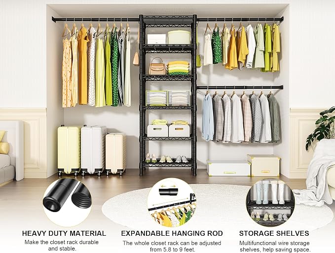 Ulif M5 Wall Mounted Clothes Garment Rack, Heavy Duty Closet Storage and Organizer System with 6 Shelves and 3 Expandable Hanger Rods, Space Saver Suit (46.2-102.4)" W x 14" D x 83.1" H, Black