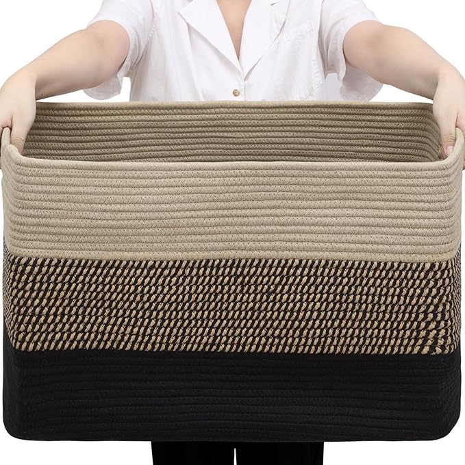 Optish 95L Large Blanket Basket, Woven Storage Baskets with Reinforced Handles, Rope Laundry Basket for Living Room, Bedroom, Nursery, Toys, Clothes,Pillows, 24” x 17” x 13.5”, Black & Brown