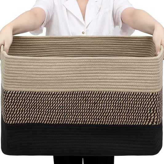 Optish 95L Large Blanket Basket, Woven Storage Baskets with Reinforced Handles, Rope Laundry Basket for Living Room, Bedroom, Nursery, Toys, Clothes,Pillows, 24” x 17” x 13.5”, Black & Brown