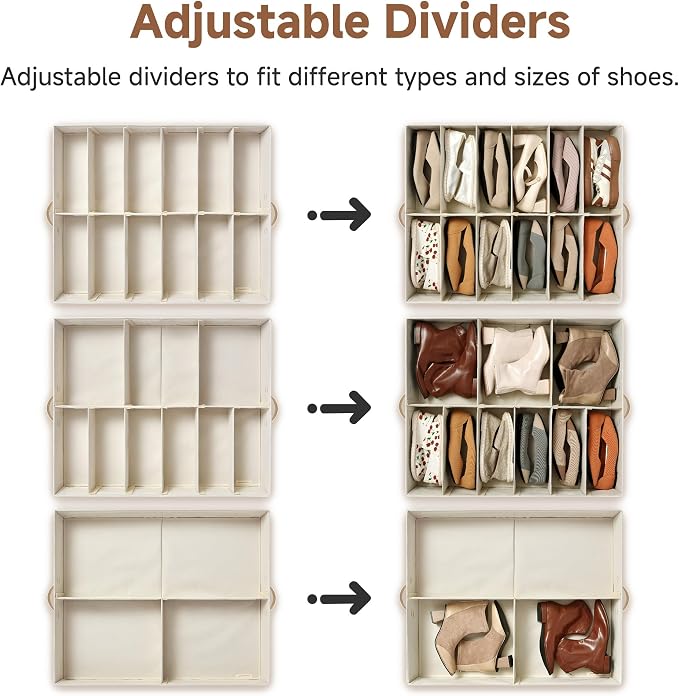 StorageWorks Underbed Shoe Storage Organizer, Fits up to 24 Pairs, Ivory | Cottlyn Fabric, Adjustable Dividers, 5.25" Height, Fits 6-inch+ Clearance, Clear Top, Soft Handles, For Closet, Bedroom