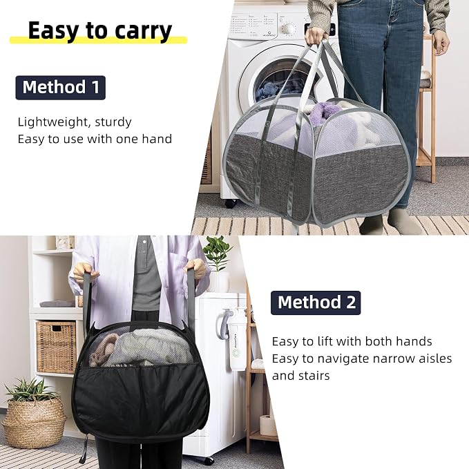 Collapsible Laundry Basket, 90L Tear Proof Mesh Pop-up Hamper | Foldable Storage Clothes Bag with Reinforced Handles for Bathroom, Kids Room, Dorm, Travel, Camping, Space-saving, Black
