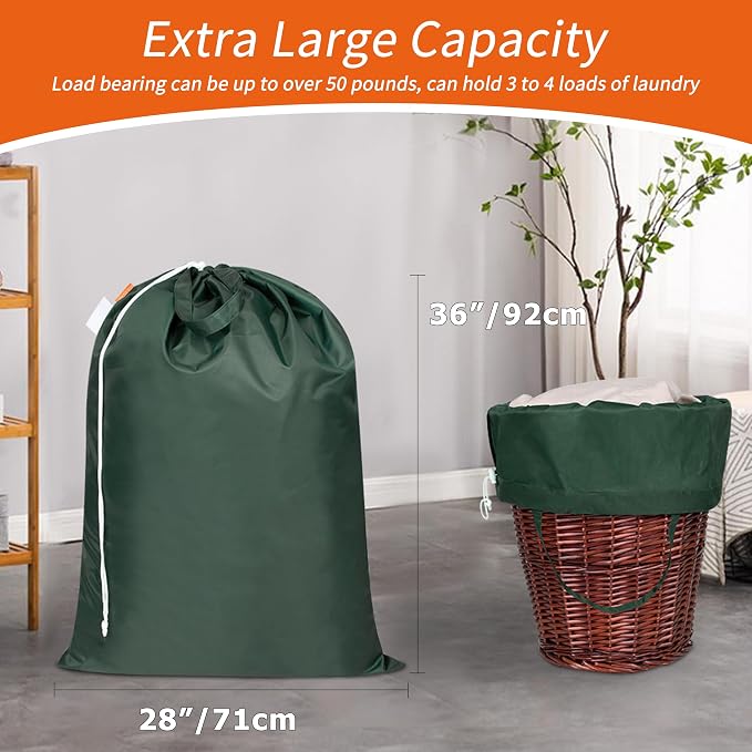 2 Pack Extra Heavy-Duty Laundry Bag with Handles, Green, 28x36" | Extra Large, Name ID Tag, Machine Washable, Reinforced Handles, Drawstring Closure, For College Dorm Travel